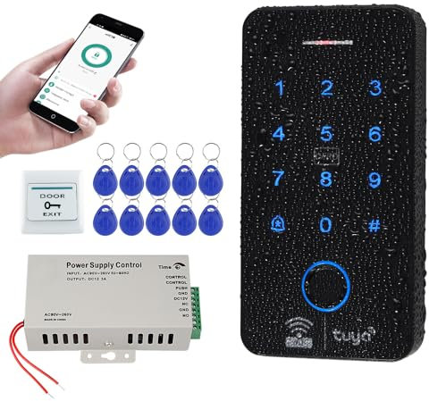 FUSYTULY WiFi Tuya Sistema di Controllo di Accesso Digitali Biometrica IP68 RFID Tastiera 125KHz 13.56MHz + DC12V Access Control Alimentatore + 10pcs Tastiere RFID, Senza Serrature Elettriche