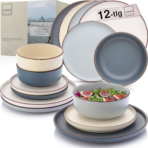 SÄNGER Bombay Moonlight | Geschirrset 12 teilig, Steingut Geschirr 4 Personen, 4x Speiseteller 4x Dessertteller 4x Schalen, Teller Set bunt | VALUE COLLECTION