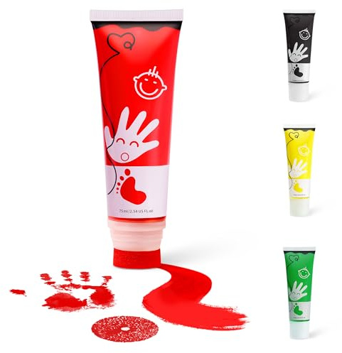 TOGOU2S Baby Hand- & Fußabdruckfarbe mit Schwammspitze 75 ml Rot | Fingerfarben Kinder Ungiftig für Handabdruck Fußabdruck Pfotenabdruck Abdruckfarbe Leicht Abwaschbar Geschenk zur Geburt