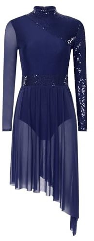 iiniim Damen Eiskunstlauf Kleid Glitzer Ballettkleid Pailletten Patchwork Lyrisch Tanzkleid Langarm Modern Dance Contemporary Tanzkleidung Marine Blau S