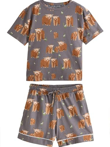 NEXT Damen Standard Kurzarm-Schlafanzug, Hochlandrind Hamish