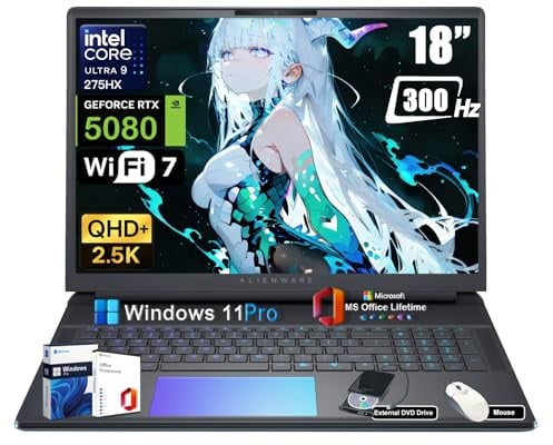 Alienware 18 Area-51 Computer portatile da gioco - Intel Ultra 9 275HX (24 core, fino a 5,4 GHz), RTX 5080 GDDR7, 18 pollici 2,5 K QHD+ 300 Hz, con unità DVD, Win 11 Pro, durata della batteria