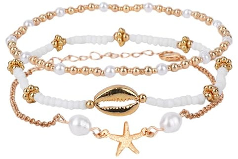 Mikovivi 3pcs Bracelets Cheville pour Femme, Réglables Perles Étoile de Mer Pince de Crabe Bracelets Cheville Perles Style Bohème Bijoux Plage l'Été