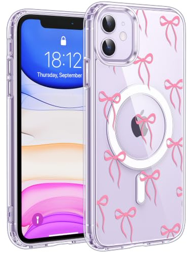 Jkvare for iPhone 11 Case, Crystal Clear Aesthetic Pattern Wireless Magnetic Protective Phone Cover for Women Girls - Chic Bows