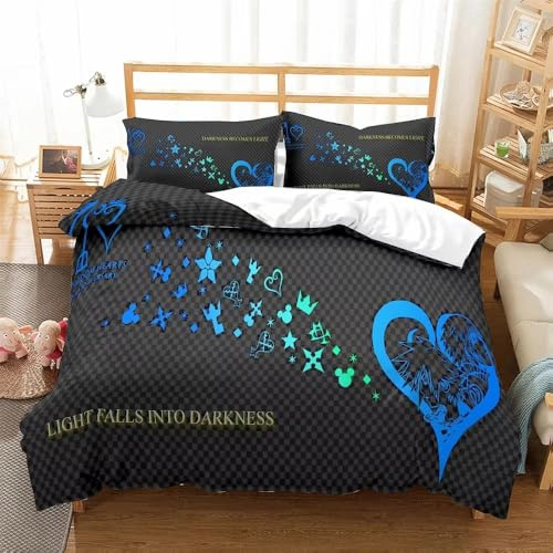 JGGXHM Bettwäsche-Set mit blauem Herzmuster, Kingdom Heart Luxus-Bettwäsche-Set, modischer Bettbezug, schwarzes Bett-Set mit Kissenbezug (140 x 200 cm)