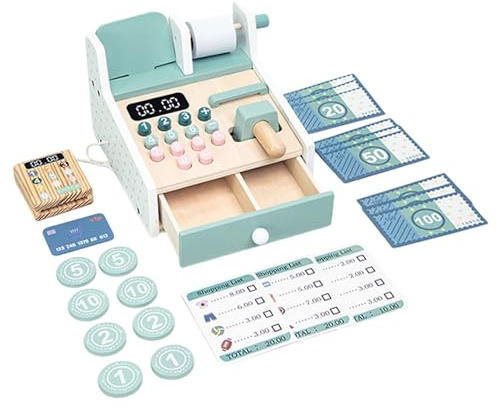 Kasse Spielzeug aus Holz - Rechenmaschine, Lernrolle | Förderung der Shopping-Szenenausrüstung für Jungen und Mädchen, fantasievolles Lernen, Entwicklungsgeschenk