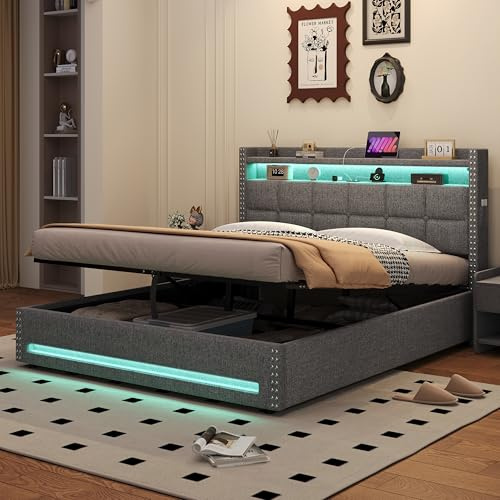 Merax 5 ft King Upholstered Ottoman Storage Bed – Hydraulic Lift Bed,LED Lighting,Type‑C & USB Charging Ports, Button Tufted Linen Headboard, No Mattress - 150x200cm
