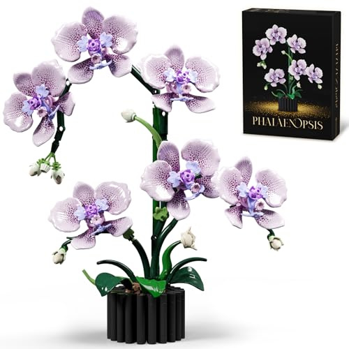 Mov stone Botanicals Phalaenopsis Orchid Building Kit for Adults | 619 pieces, printed petals, faux orchid, compatible with LEGO bricks, desk decor, gift for Mother's Day, birthday, Christmas