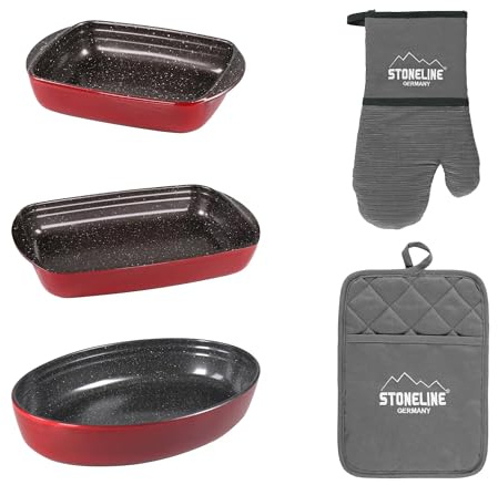 STONELINE Set di 5 pentole in vetro borosilicato antiaderente con vere particelle di pietra, rettangolari e ovali, guanti da forno, presine in cotone, lavabili, antiscivolo, colore: grigio