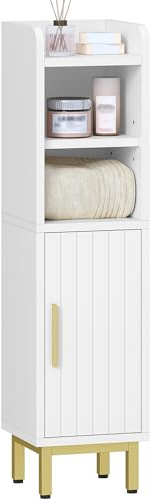 Fobyfurny Badezimmerschrank Badschrank, 20 x 20 x 83 cm, Weiß und Gold | Toilettenschrank Schmal mit Verstellbare Einlegeböden, Badmöbel für Kleine Bäder, FFBC001PW1