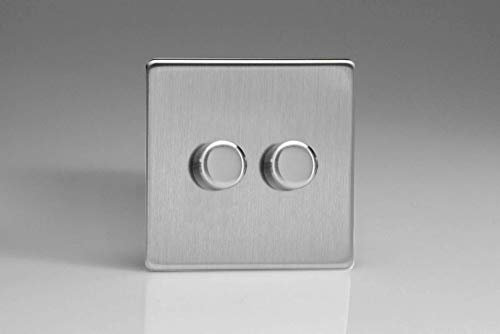 Varilight Brushed Steel Screwless, LED Dimmer Switch - V-Pro Series, 2 Gang (Single), 1 or 2 Way, 250 Watt (Trailing Edge)