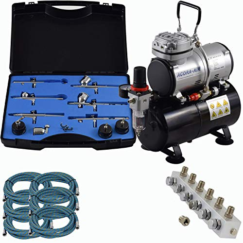 Agora-Tec® Airbrush Komplett-Set PROFI XXII.2, Komplettsystem für Airbrushanwendungen, inkl. Kompressor mit 4 bar und 20l/min und 3 Liter Tank + 6 Airbrushpistolen mit 6 versch. Nadeln/Düsen + regelbaren 6-fach Luftverteiler + 6 Schläuche