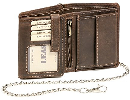 LEAS Biker Portafoglio con Catena Cromo per Uomo e Donna Formato Verticale (Compresa Confezione Regalo, Vera Pelle, Marrone Vintage-Collection''