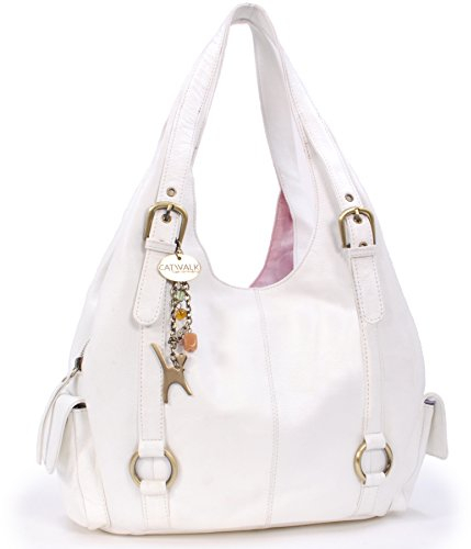 Catwalk Collection Handbags - Damen Leder Schultertasche - Handtasche Groß - Hobo Bag mit Viele Fächer - Alex - Weiß