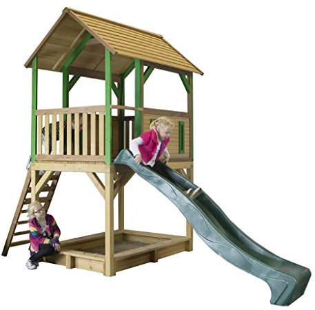 AXI Spielhaus Pumba mit Sandkasten & grüner Rutsche | Stelzenhaus in Braun & Grün aus FSC Holz für Kinder | Spielturm mit Wellenrutsche für den Garten..