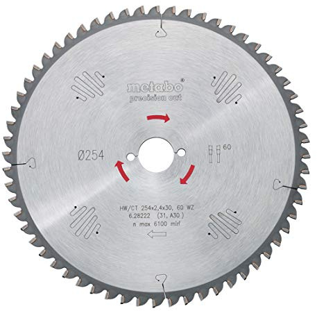Metabo Sägeblatt precision cut wood - professional, 190x2,2/1,4x30, Z48 WZ 15° (628035000) Durchmesser x Schnittbreite x Bohrung: 190 x 2.2 x 30 mm, Material: HW/CT, Zähnezahl: 48