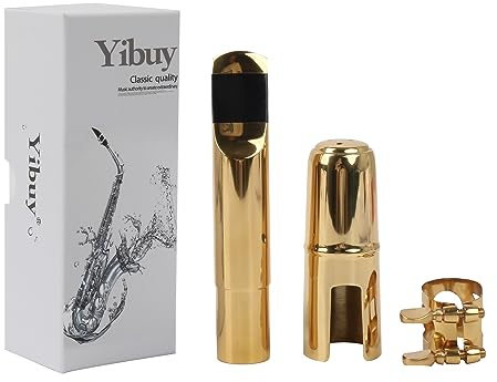 Yibuy B-Mundstück für Tenorsaxophon aus Metall mit Kappe und Blattschraube Größe Nr.7, goldfarben