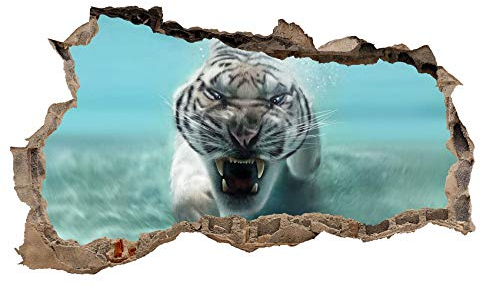 3D Wandtattoo Mauerloch Wandsticker Wandaufkleber Durchbruch Tiere selbstklebend H 60 x B 100 Schlafzimmer Wohnzimmer (WL37 Tiger im Wasser)