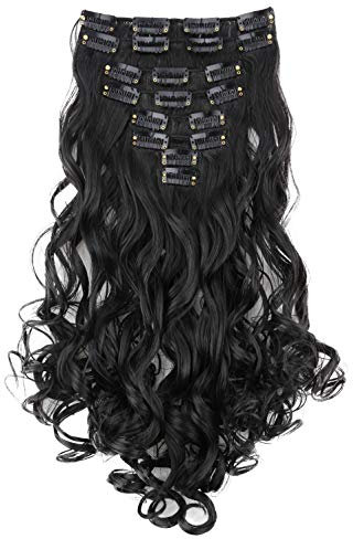 CAISHA XXL 8 Teiliges Set 45cm Langhaarige CLIP IN EXTENSIONS Synthetik Haarverlängerung Haarteil Voluminös Gelockt Natur Schwarz CES26-1