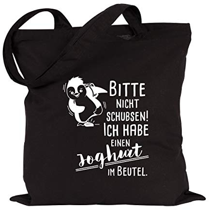 JUNIWORDS Jutebeutel - Wähle eine Farbe - Bitte nicht schubsen! (Pinguin) Ich habe einen Joghurt im Beutel (Beutel: Schwarz, Text: Weiß)