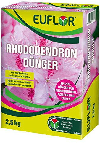 Euflor Rhododendrondünger 2,5kg Faltschachtel•Organisch-mineralischer NPK-Dünger 8+4+5 mit 2% MgO• Spezialdünger für Rhododendren, Azaleen, Eriken, Heidelbeeren•Mit Langzeitwirkung bis zu 3 Monaten