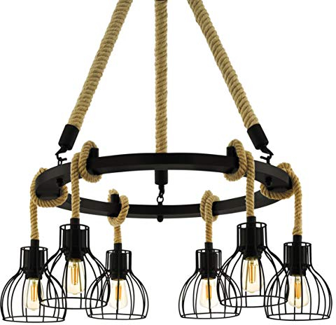 EGLO Pendellampe Rampside, 6 flammige Vintage Pendelleuchte im Industrial Design, Hängelampe aus Stahl und Holz, Farbe: Schwarz, braun, Fassung: E27