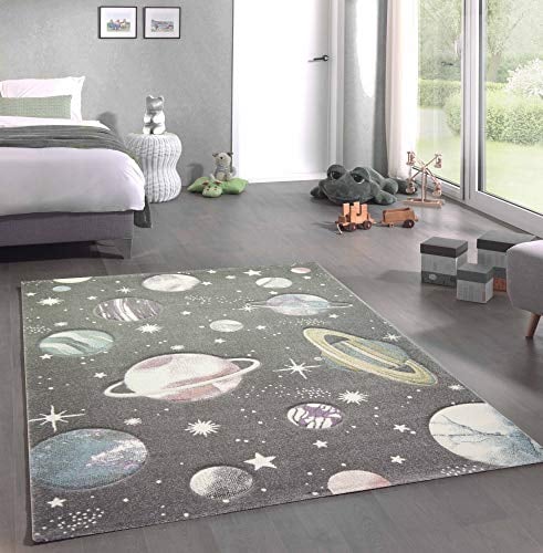 CARPETIA Kinderteppich Weltraum Sterne und Planeten Pastell grau Größe 120x170 cm