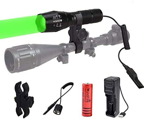 WINDFIRE Lampe de Poche LED Lumière Verte, 300 Mètres Zoomable, étanche Torche Lampe de Chasse Coyote Hog avec Support pour Lunette de Visée, Interrupteur de Pression, Batterie et chargeur