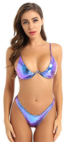 iEFiEL Damen Bikini Set sexy Metallic Bademode BH mit Bügel Zweiteiliger Badeanzug Rückenfrei Brazilian Bikinihose High Cut Thong Blau L