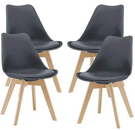 [en.casa] Juego de Sillas de Comedor Fläten Pack 4 Sillas Tapizadas Nórdicas Versátil Asiento Acolchado de Cocina Patas de Madera de Haya Cubierta Cuero Sintético 82x49x54cm - Gris