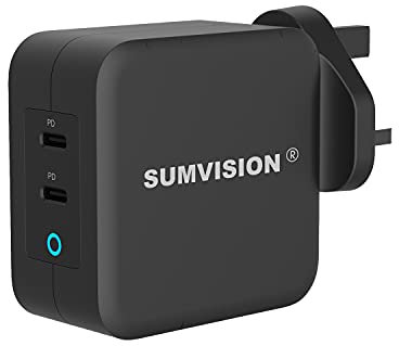 SUMVISION 100W USB C Dual Port Compact Quick Charge Fast Wall Charger Plug Adapter GaN PD PPS Compatible with latest Macbook Pro Laptop ipad iphone Samsung Smart Phones (UK DESIGN UK TECH SUPPORT)
