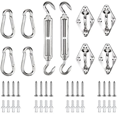 Sonnensegel Befestigung Set, Zubehör 304 Edelstahl zur sicheren Montage, Spannschraube Karabiner Montageset, 42stk(2 weitere Karabiner inhalten) für Sonnensegel, Sichtschutz, Rankgerüst, Werbebanner