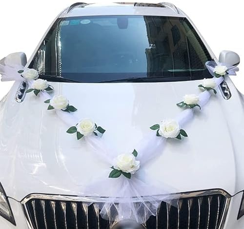 Autoschmuck Hochzeit Motorhaube Weiß, Autoschmuck Hochzeit Auto Schmuck Braut Paar Rose Deko Autodeko, Hochzeit Auto Wedding Deko Girlande für Hochzeit Party