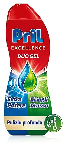 Pril Excellence Duo Gel, Detersivo lavastoviglie Gel, Azione Sciogligrasso, Formato singolo da 45 Lavaggi