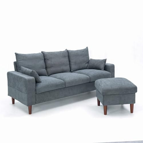 Panana 3 Seater Sofa with Footstool, L shape Corner Sofa Upholstered Linen Fabric Sofa Couch, Grey 3 Seater