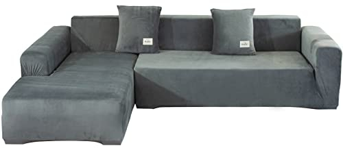 L-förmiger Sofabezug für 3-Sitzer – weicher Samt, L-Form, Sofabezüge, 3-Sitzer + 3-Sitzer-Couchüberzüge, Möbelschoner mit 4 Kissenbezügen für L-förmiges Sektionssofa (Grau, 3 + 3 Sitzer)