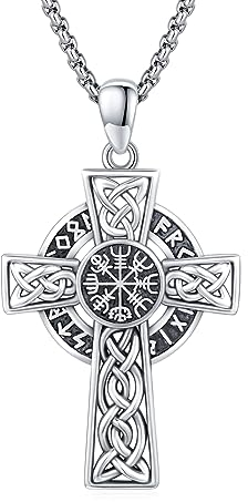 MEDWISE Keltisches Halskette 925 Sterling Silber Wikinger Kreuz Kette Vegvisir Kreuz Anhänger Keltisches Anhänger Amulett Schmuck für Herren Männer Jungen Sohn Männer Damen 20+2'' Edelstahlkette