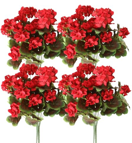 4 plantas artificiales realistas de geranios de seda para exteriores, resistentes a los rayos UV, no se decoloran, se ven reales en el exterior, flores rojas de plástico sintético para jardín, porche,