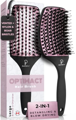 INATEKPRO Boar Bristle Hair Brush Women | Curved-Vented Soft Paddle Brush for Thick Hair | Fine & Curly Hair | Boar Bristle Brush for Smooth & Shiny Hairs | Men, Women & Kids (Large-Rose Gold)