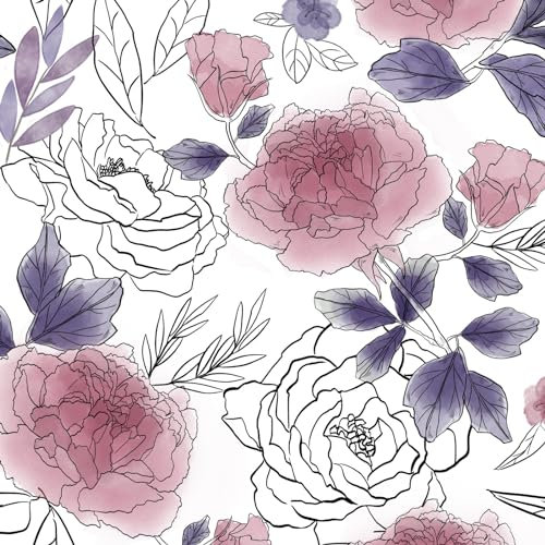 VOLEAAR Rose Flower Peel Stick Contact Paper Vintage Vinyl Waterproof Self Adhesive Removable Boho Wallpaper Stick on Bathroom Bedroom Cabinet Countertop White Purple Pink 44.5CM x 300CM