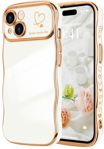 LCHULLE für iPhone 15 Hülle Liebesherz Wellenform,Weiß | Handyhülle Wellen Lockige Form mit erhoben Kameraschutz,Luxus Galvanisierte Schutzhülle Herzmuster Mädchen,Wavy Heart Case