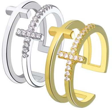 BKEPDY Kreuz Ringe Set Offener Damenring Kristall Schmuck Verstellbar Zweireihig Doppelring Glänzend Schmuckset