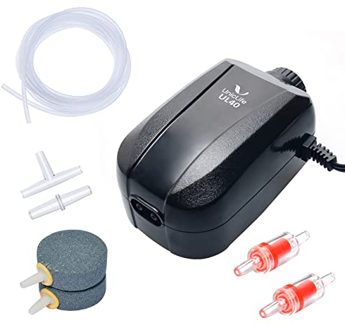 Pawfly Bomba Aire Acuario con Salidas Dobles 4 L/min Oxigenador Acuario Silenciosa Ajustable Bomba con Piedra de Aire Tubo de Línea de Aire Válvula de Retención y Conector para Pecera hasta 380 L