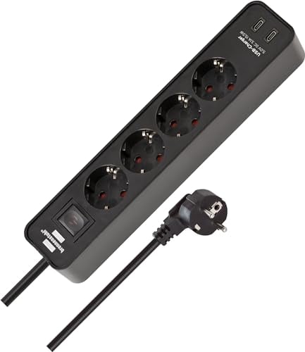 Brennenstuhl Ecolor Regleta de enchufes de 4 vías con Enchufe USB (Regleta con 2X USB C, Interruptor y Cable de 1,5m) Negro