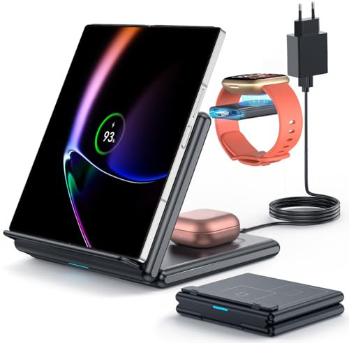 GEEKERA Inductive Charging Station for Samsung, 3 in 1 Foldable Wireless Charger for Samsung Z Fold/Flip/S24/S23, Wireless Charger for Fitbit Sense/Versa, Induction Charger for Galaxy Buds - Black
