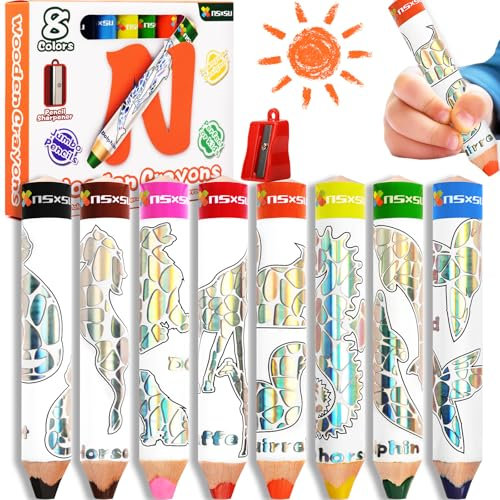nsxsu Holz 3 in 1 Buntstifte Kinder, 8 Stück Chunky wachsmalstifte ab 1 jahr, Wasserfarbe, Fett Dreieckig Farbe Bleistift mit Spitzer, Easy-Grip für Kinder, Mehrfarbig