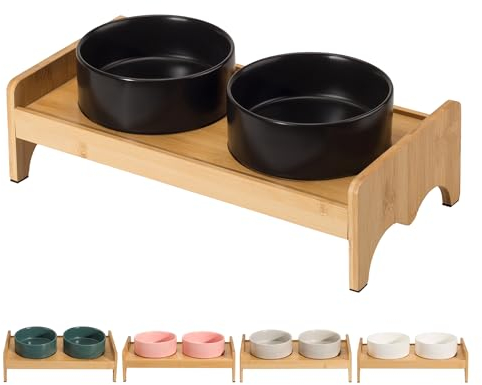 Gamelle Surélevée pour Chien en Céramique - Double Bol avec Support en Bambou - Set de Gamelles pour Nourriture et Eau - Idéal pour Petits Chiens et Chats - 2 x 480 ML
