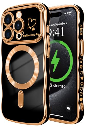 LCHULLE for iPhone 15 Pro Case Wavy, Compatible with MagSafe, Black | Magnetic Phone Cover,Wave Curly Frame with Heart Pattern,Cute for Women Girls,Camera Protection,Shockproof Silicone TPU Back