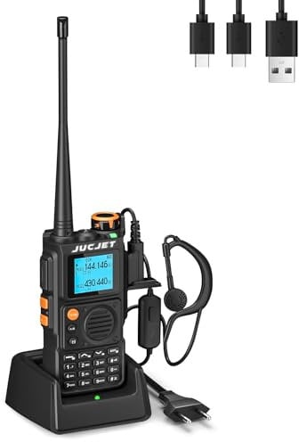 JUCJET K6 Funkgerät mit Großer Reichweite, DualBand Walkie Talkie mit LC-Display, One Key Pairing, 999 Kanäle, 8-Gruppen-Verschlüsselung, Rechargeable Walkie Talkie mit Original Earpieces(1 Stück)