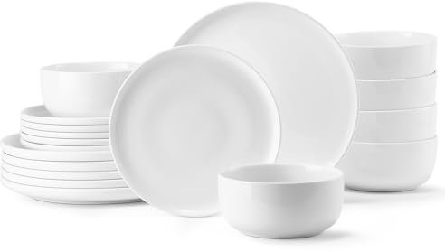 Jassceram Set di 18 piatti e ciotole, in porcellana, piatti piani da cucina in ceramica, resistenti alle scheggiature, adatti al microonde e alla lavastoviglie, per 6 persone, colore: bianco sporco